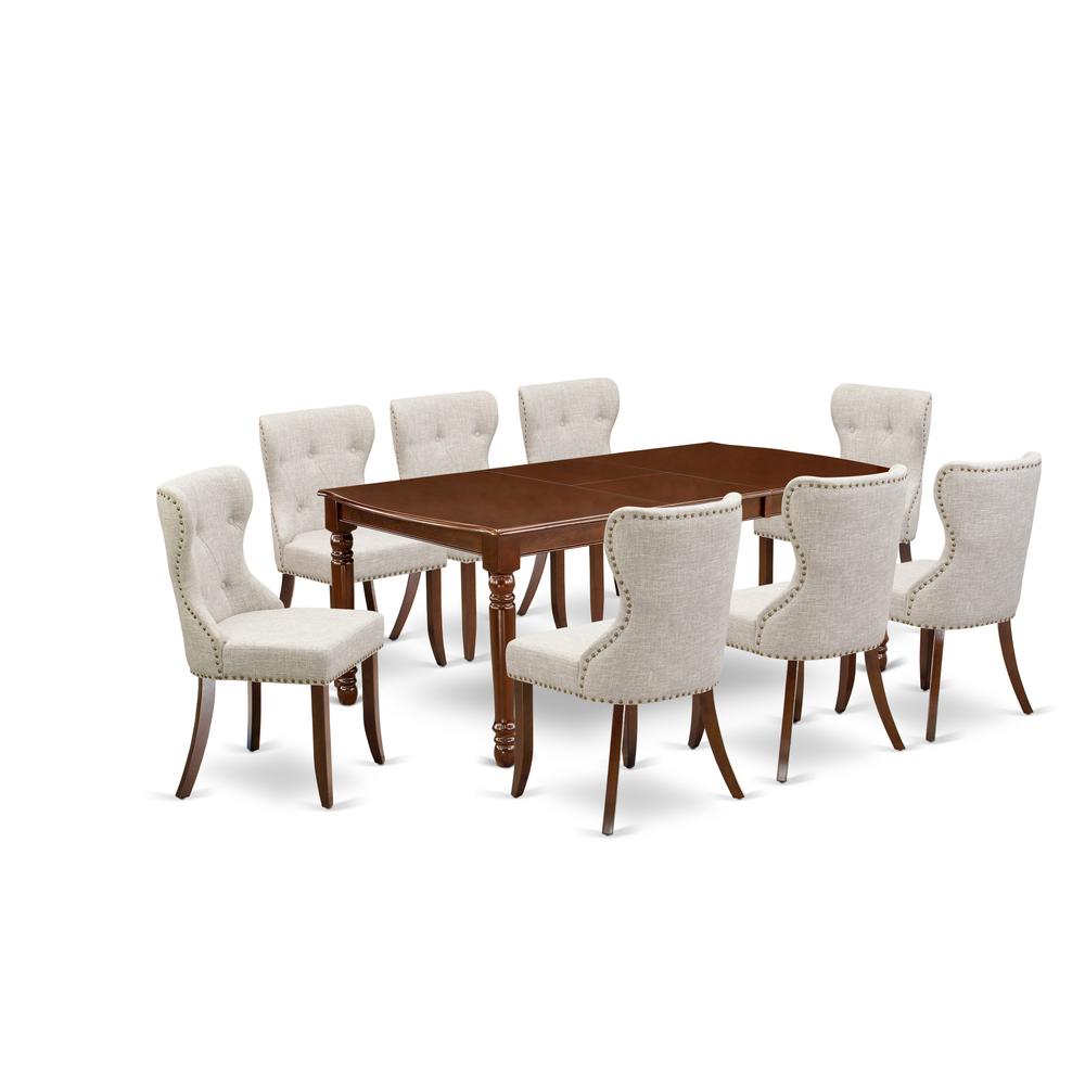 East-West Furniture DOSI9-MAH-35 - A kitchen dining table set of 8 fantastic indoor dining chairs using Linen Fabric Doeskin color and a wonderful dinner table with Mahogany Finish. Picture 1