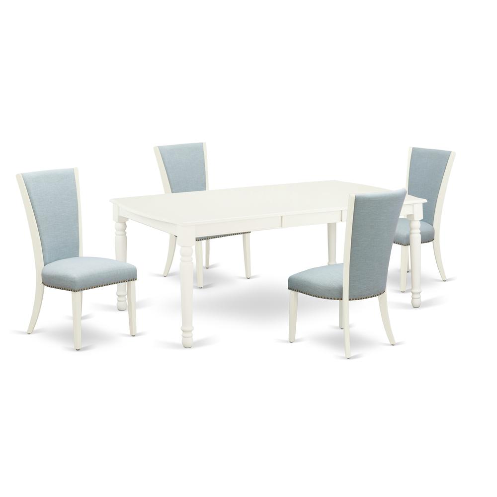 East-West Furniture DOVE5-LWH-15 - A dining set of 4 amazing dining room chairs with Linen Fabric Baby Blue color and an attractive wood kitchen table with Linen White color. Picture 1