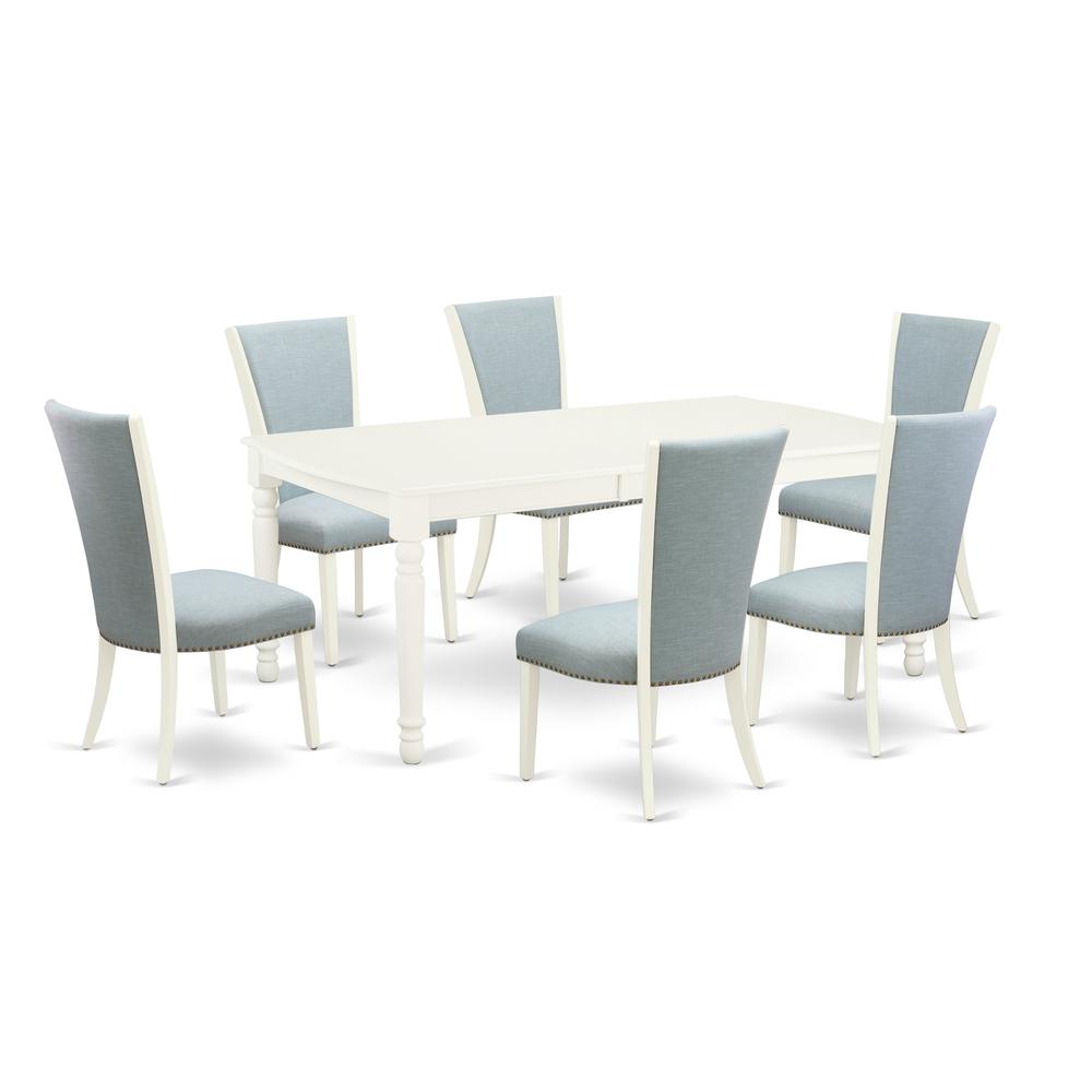 East-West Furniture DOVE7-LWH-15 - A kitchen table set of 6 excellent parson dining chairs with Linen Fabric Baby Blue color and a fantastic 18 butterfly rectangle kitchen table with Linen White colo". Picture 1