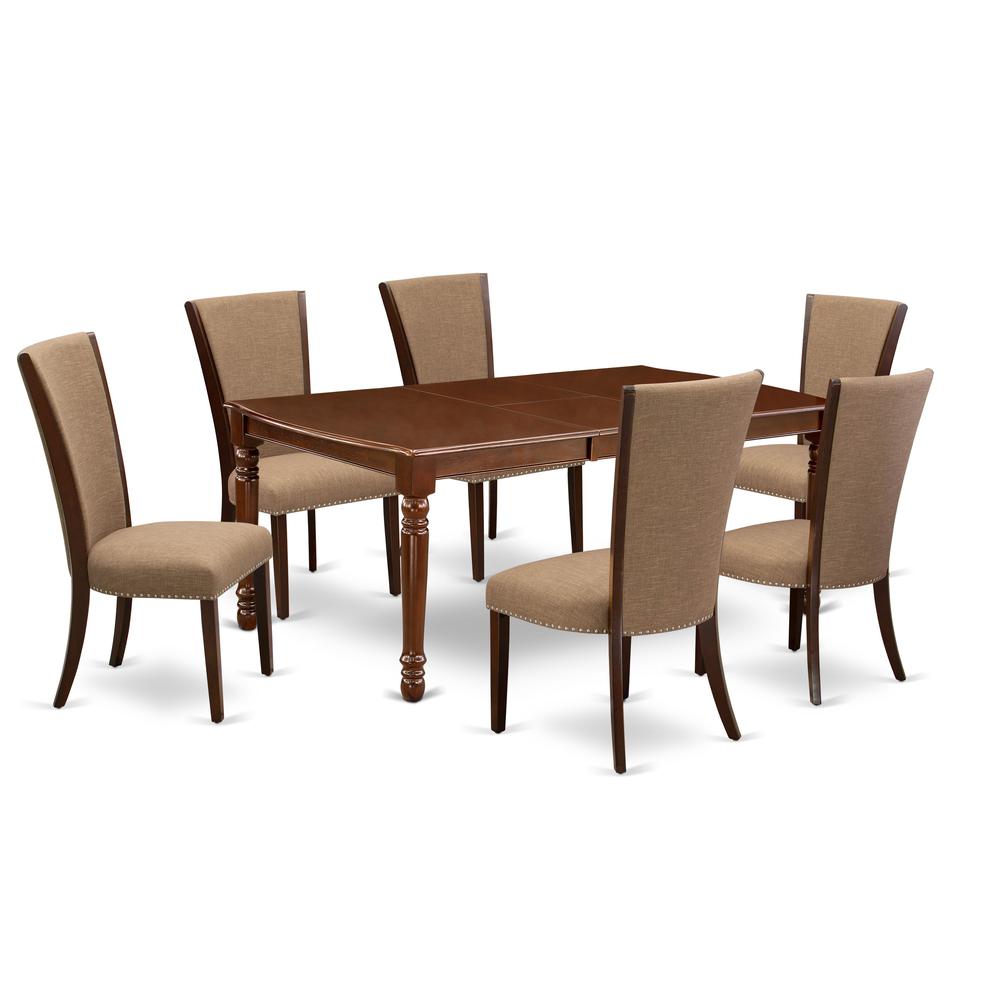 East-West Furniture DOVE7-MAH-47 - A dining room table set of 6 excellent parson chairs using Linen Fabric Light Sable color and an attractive  18 butterfly rectangle dining table with Mahogany Finis". Picture 1