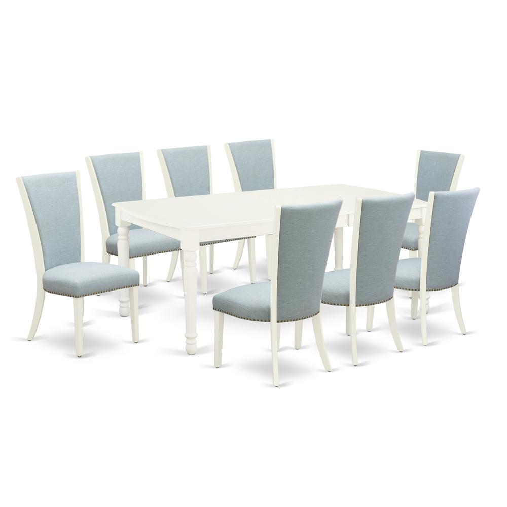 East-West Furniture DOVE9-LWH-15 - A modern dining table set of 8 great kitchen chairs with Linen Fabric Baby Blue color and an attractive wood kitchen table with Linen White color. Picture 1