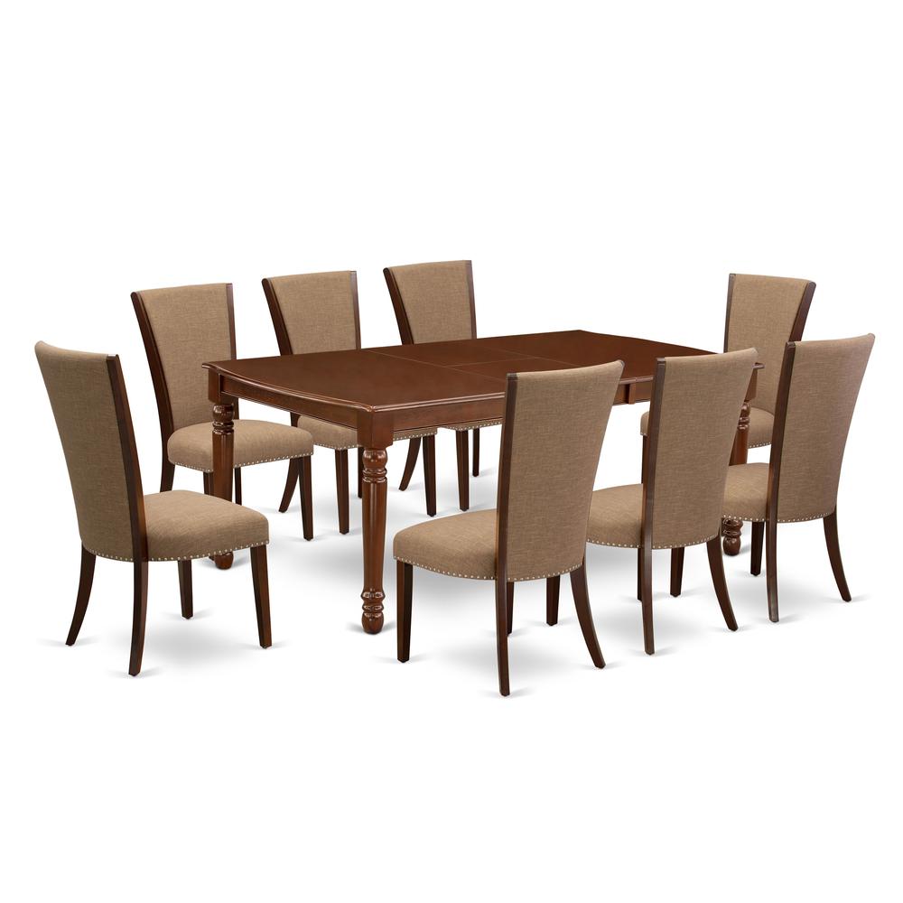East-West Furniture DOVE9-MAH-47 - A dining room table set of 8 great indoor dining chairs with Linen Fabric Light Sable color and a stunning wood kitchen table with Mahogany Finish. Picture 1