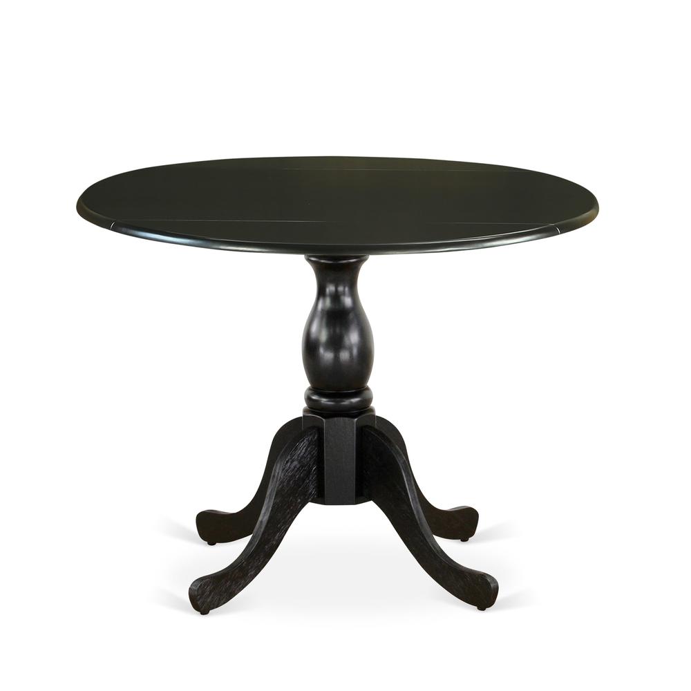 East West Furniture Round Dining Table with Drop Leaves - Black Table Top and Black Pedestal Leg Finish. Picture 2