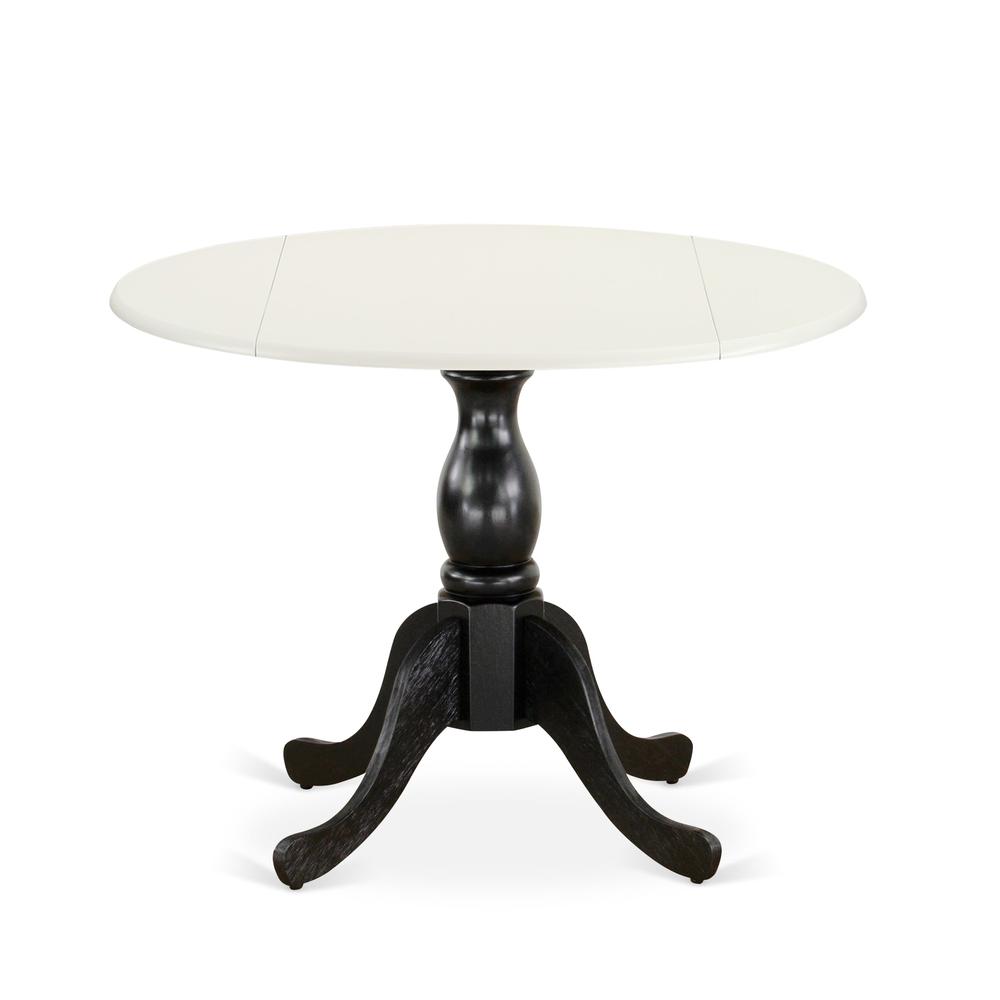 East West Furniture Round Kitchen Table with Drop Leaves - Linen White Table Top and Black Pedestal Leg Finish. Picture 2