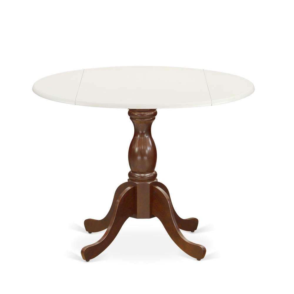 East West Furniture Modern Dining Table with Drop Leaves - Linen White Table Top and Mahogany Pedestal Leg Finish. Picture 2