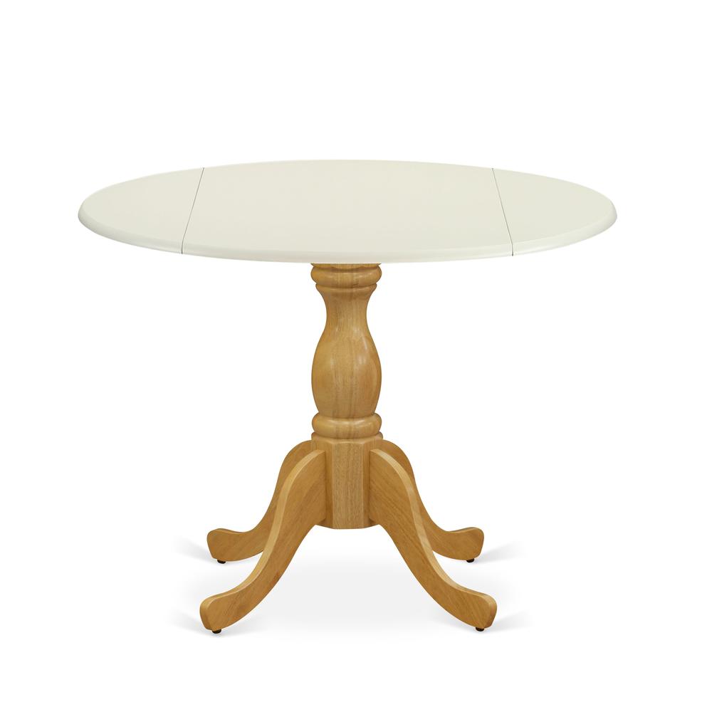 East West Furniture Wood Dining Table with Drop Leaves - Linen White Table Top and Oak Pedestal Leg Finish. Picture 2