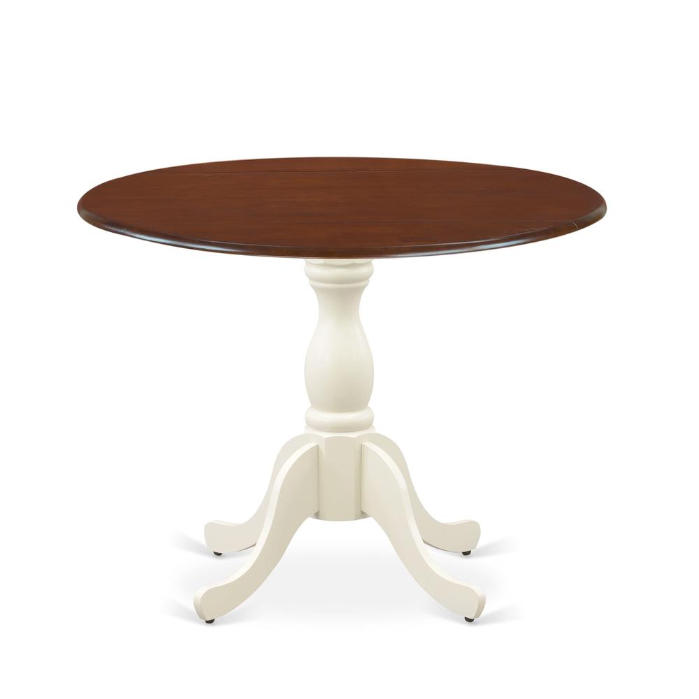 East West Furniture Mid Century Dining Table with Drop Leaves - Mahogany Table Top and Linen White Pedestal Leg Finish. Picture 2
