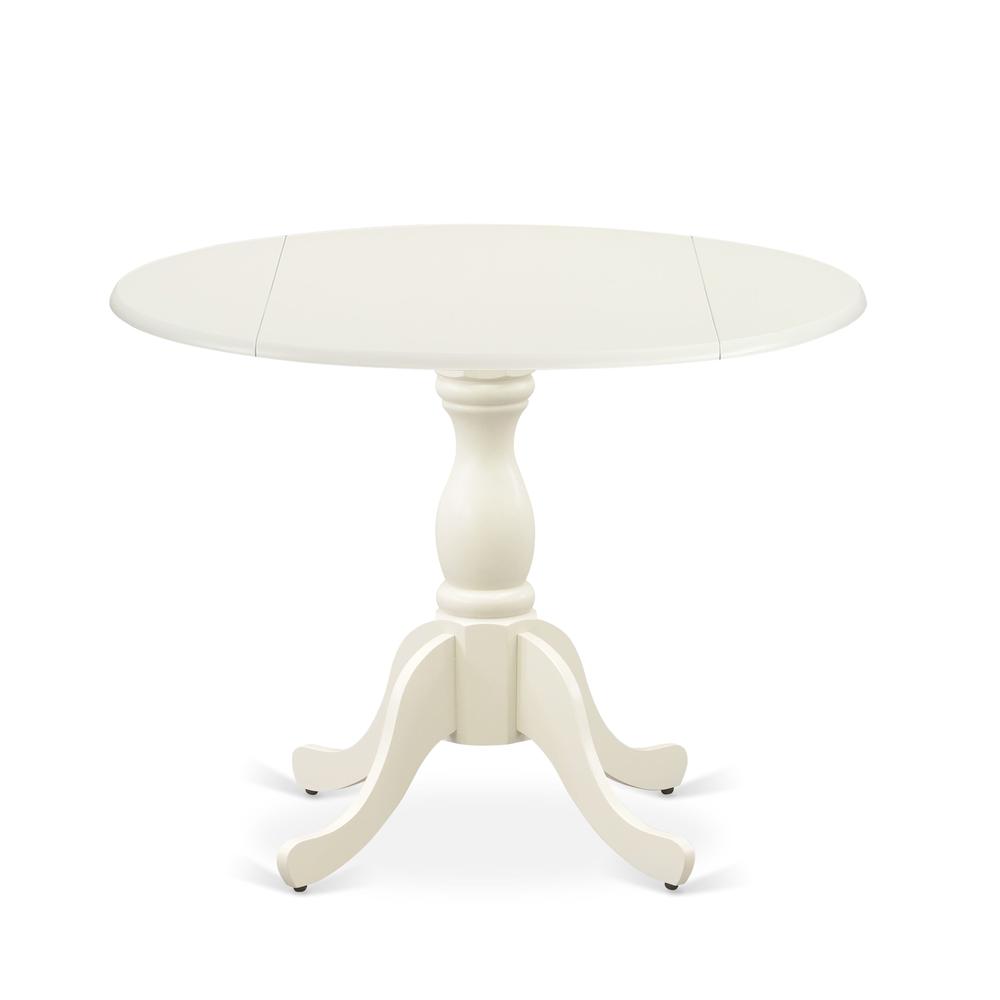 East West Furniture Modern Kitchen Table with Drop Leaves - Linen White Table Top and Linen White Pedestal Leg Finish. Picture 2