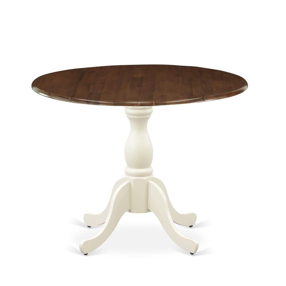 East West Furniture Kitchen Table with Drop Leaf - Walnut Table Top and Linen White Pedestal Leg Finish. Picture 2