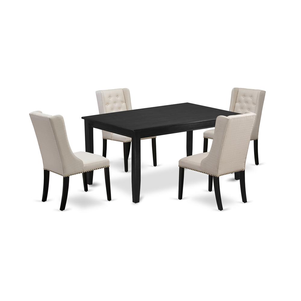 East West Furniture DUFO5-BLK-01 5-Pc Modern Dining Set Includes 1 Rectangular Dining Table and 4 Cream Linen Fabric Parson Chairs with Button Tufted Back - Black Finish. Picture 1