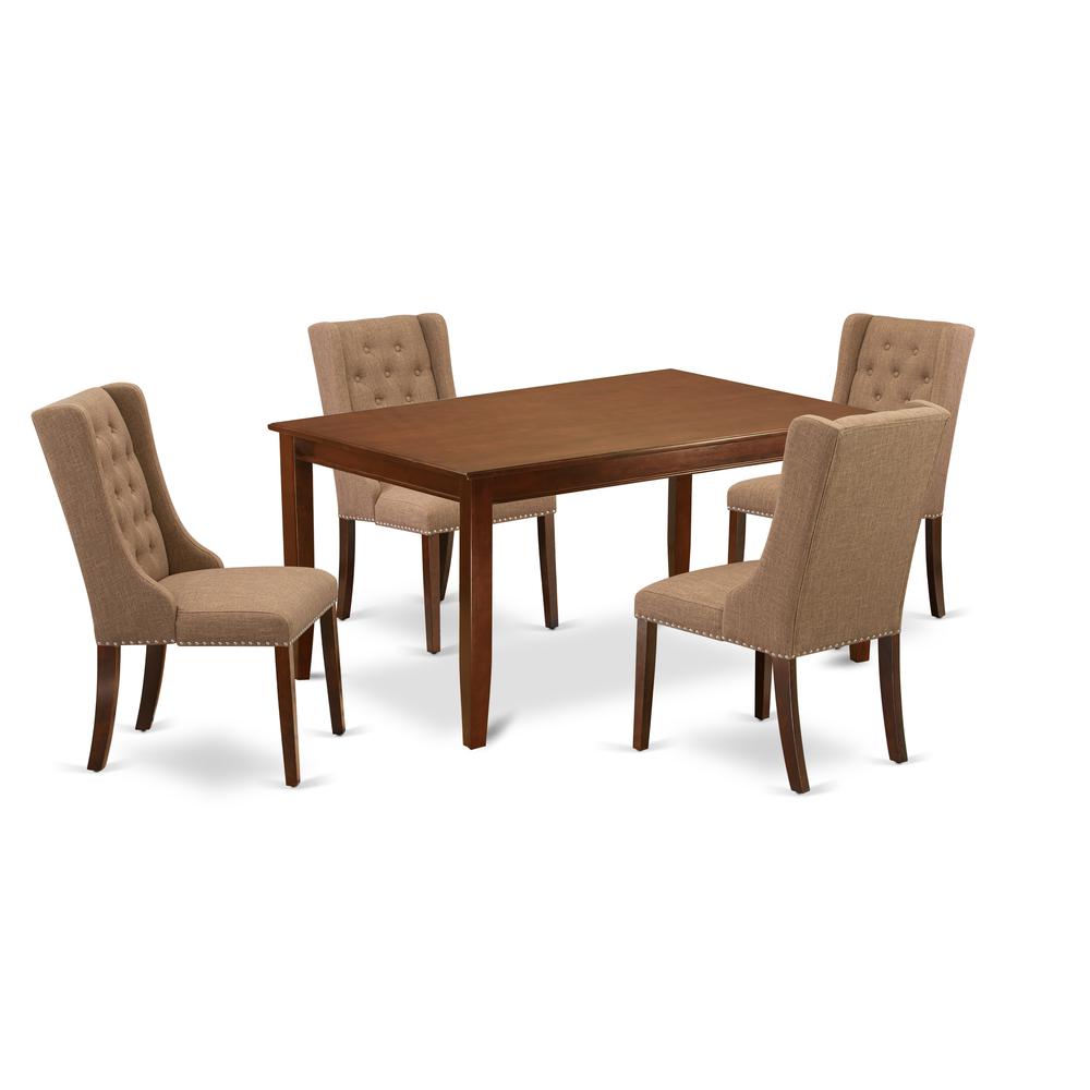 East West Furniture DUFO5-MAH-47 5-Pc Modern Dining Set Includes 1 Wooden Dining Table and 4 Light Sable Linen Fabric Parson Chairs with Button Tufted Back - Mahogany Finish. Picture 1