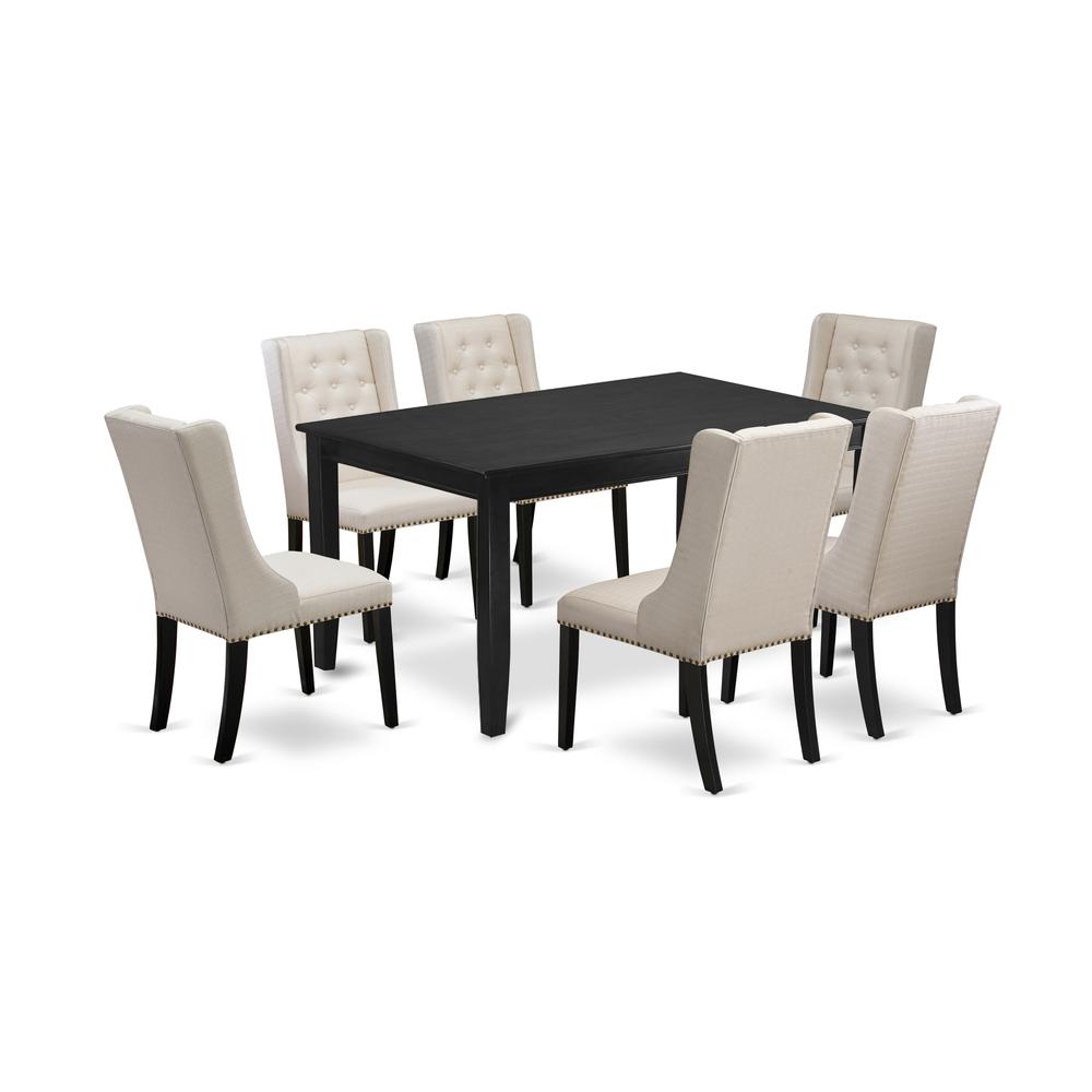 East West Furniture DUFO7-BLK-01 7-Piece Dining Table Set Includes 1 Rectangular Dining Table and 6 Cream Linen Fabric Mid Century Dining Chairs with Button Tufted Back - Black Finish. Picture 1