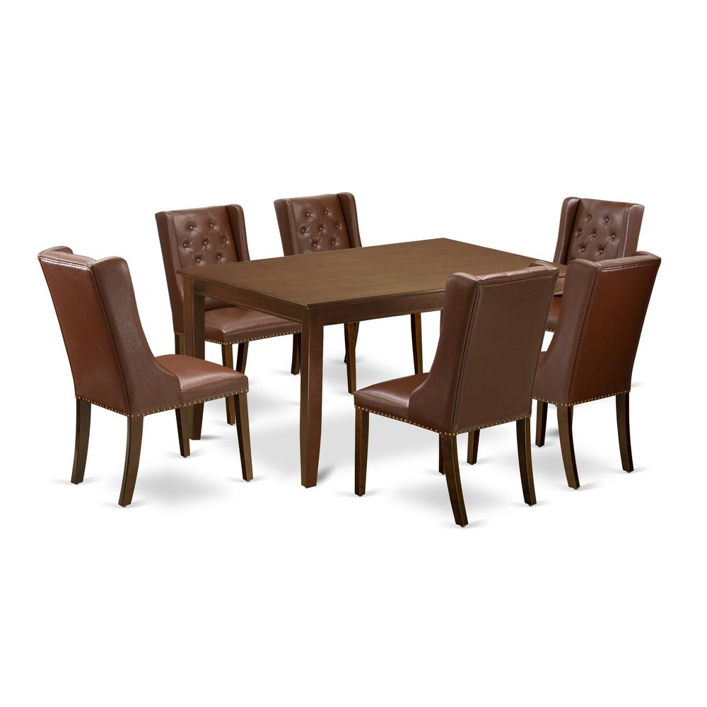 East West Furniture DUFO7-MAH-46 7-Piece Kitchen Dining Set Includes 1 Modern dining room table and 6 Brown Linen Fabric Parson Dining Chairs with Button Tufted Back - Mahogany Finish. Picture 1