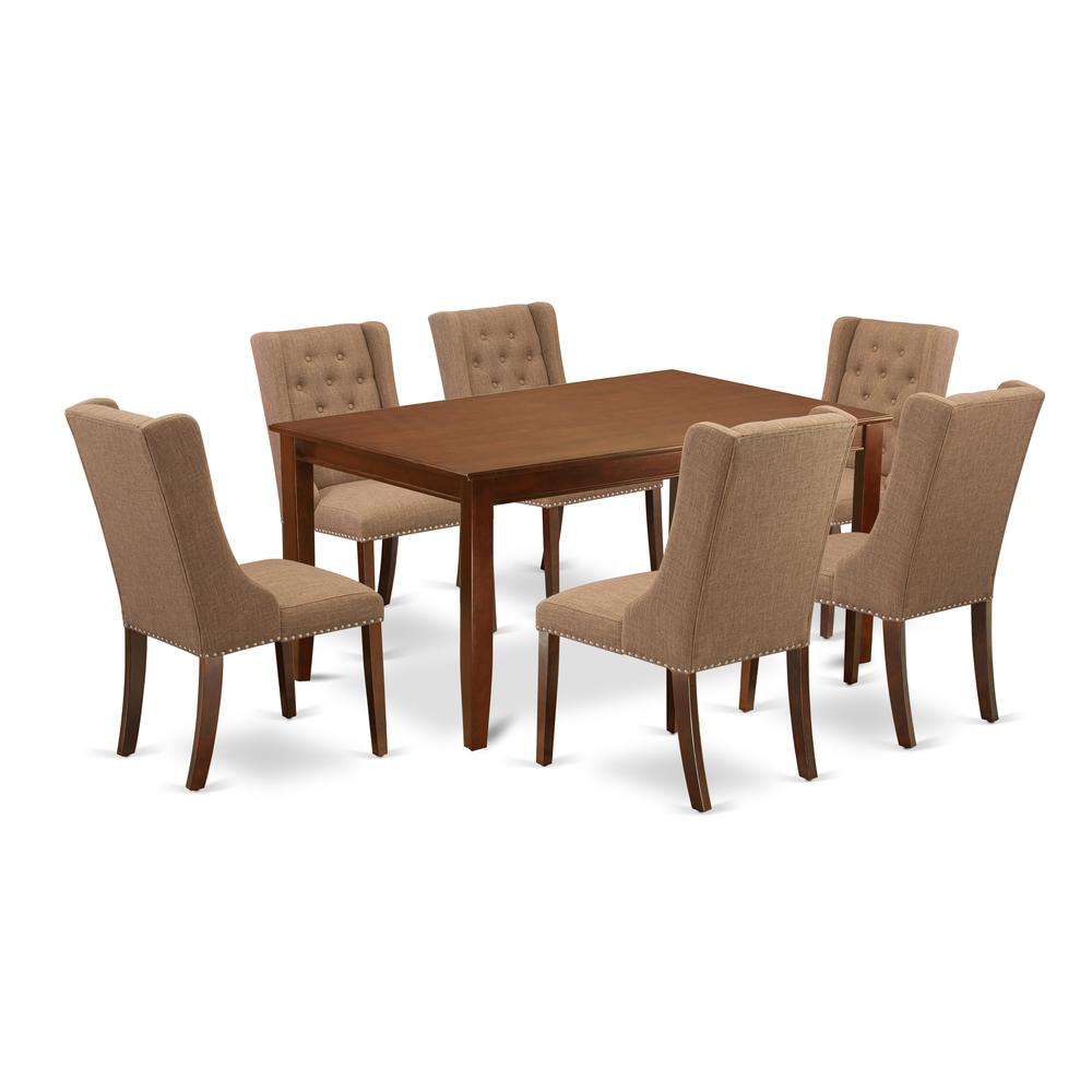 East West Furniture DUFO7-MAH-47 7-Piece Dining Room Table Set Includes 1 Rectangular Dining Table and 6 Light Sable Linen Fabric Dining Chairs with Button Tufted Back - Mahogany Finish. Picture 1