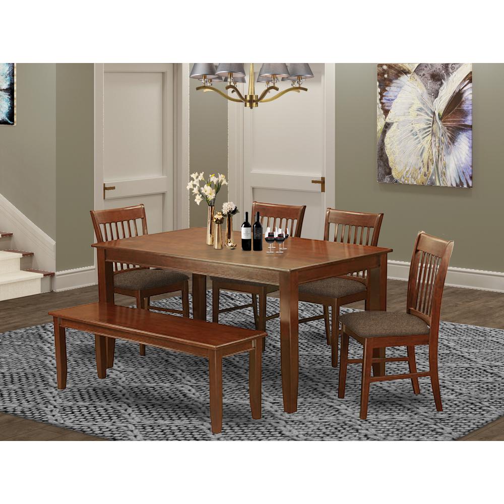 DUNO6D-MAH-C 6 PC Kitchen Table with bench set-Table and 4 Kitchen Chairs and Bench. Picture 2