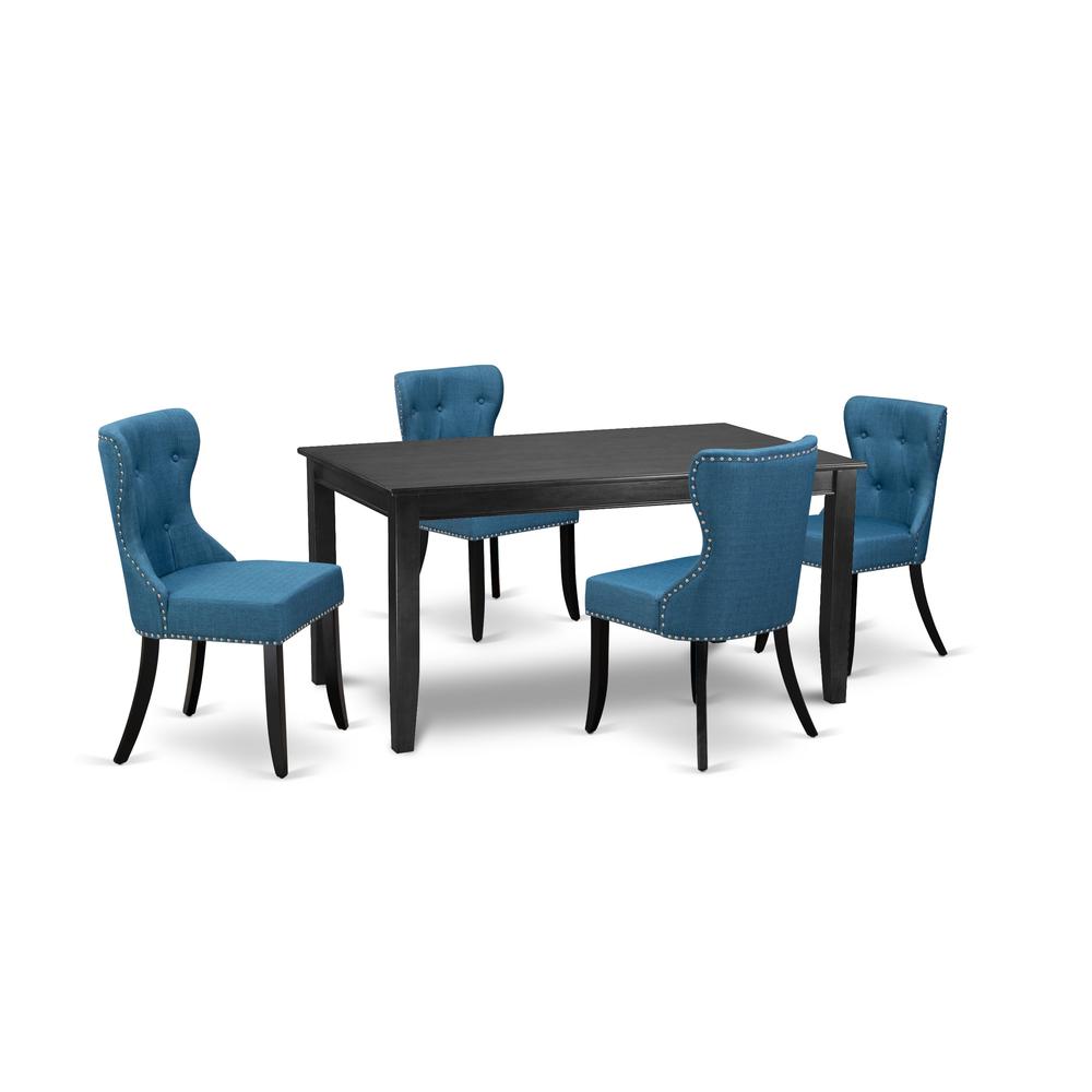 East-West Furniture DUSI5-BLK-21 - A modern dining table set of 4 excellent parson dining chairs with Linen Fabric Mineral Blue color and a gorgeous mid-century dining table using Black color. Picture 1