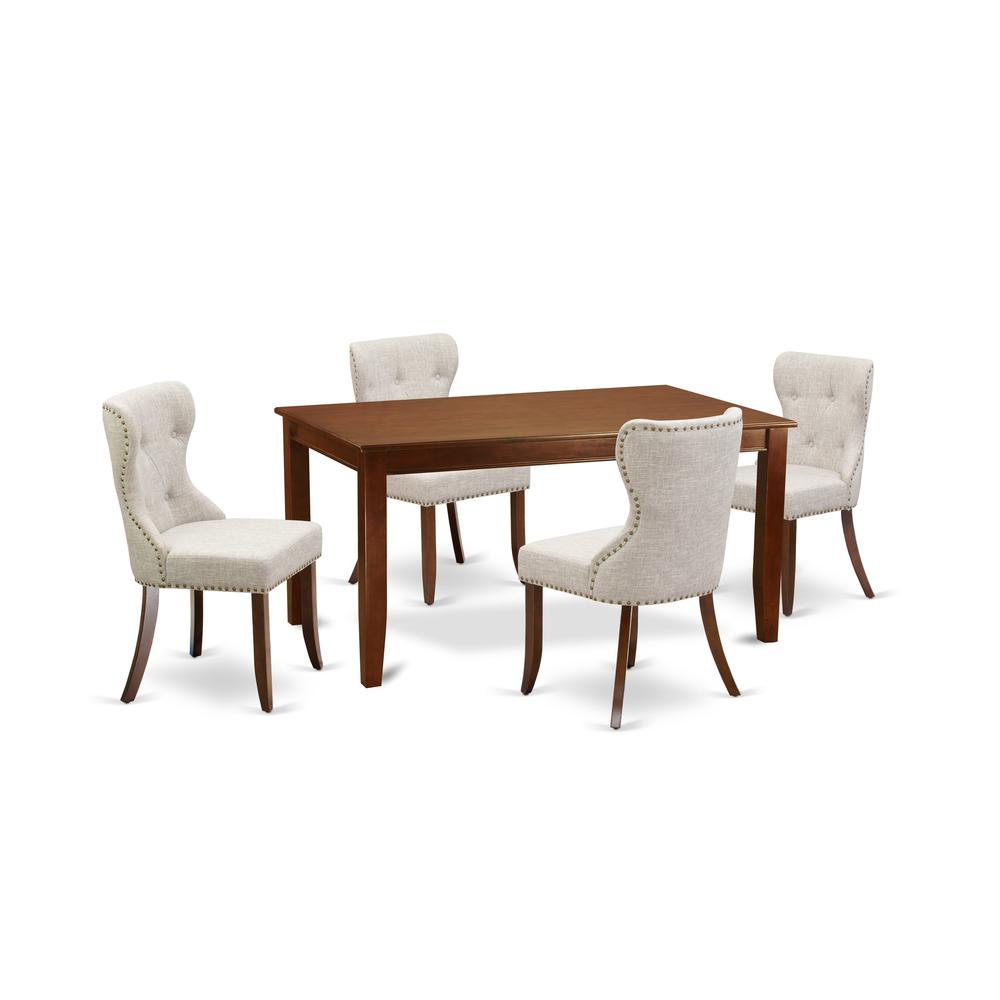 East-West Furniture DUSI5-MAH-35 - A dining set of 4 excellent parson chairs using Linen Fabric Doeskin color and a beautiful dining table in Mahogany Finish. Picture 1
