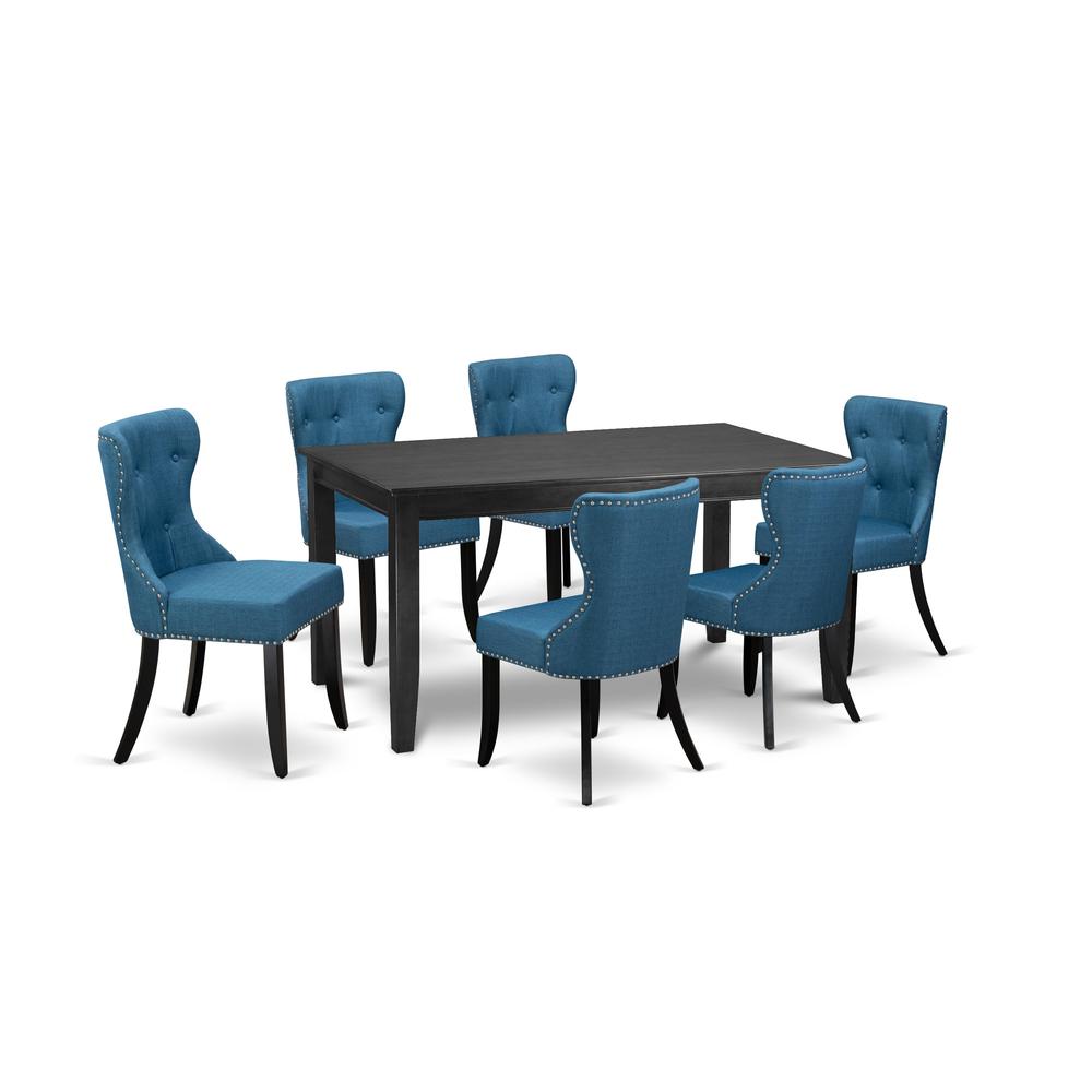 East-West Furniture DUSI7-BLK-21 - A dining table set of 6 fantastic kitchen dining chairs using Linen Fabric Mineral Blue color and a wonderful wooden dining table with Black color. Picture 1