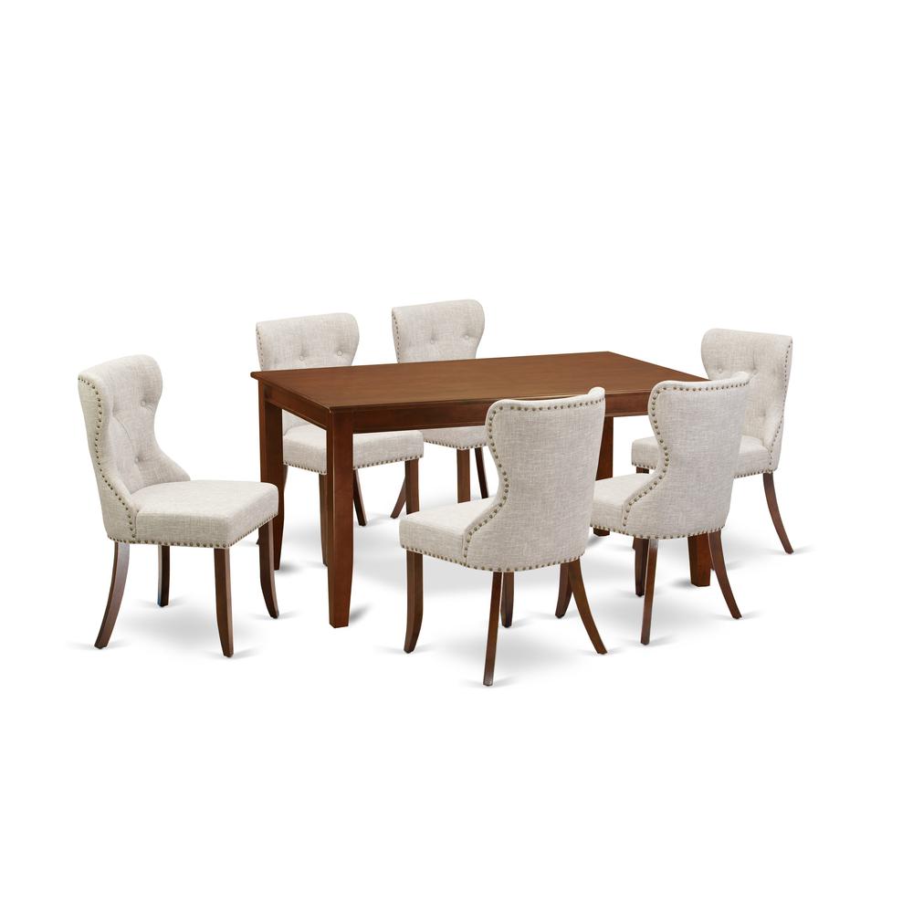 East-West Furniture DUSI7-MAH-35 - A kitchen dining table set of 6 excellent parson chairs using Linen Fabric Doeskin color and a fantastic rectangle wooden table with Mahogany Finish. Picture 1