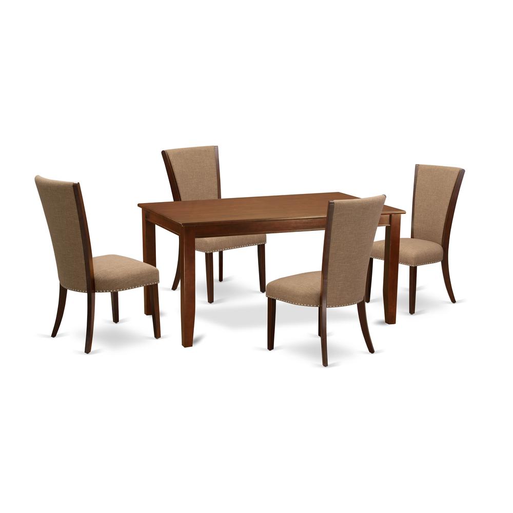 East-West Furniture DUVE5-MAH-47 - A modern dining table set of 4 great kitchen chairs using Linen Fabric Light Sable color and an attractive rectangle kitchen table in Mahogany Finish. Picture 1