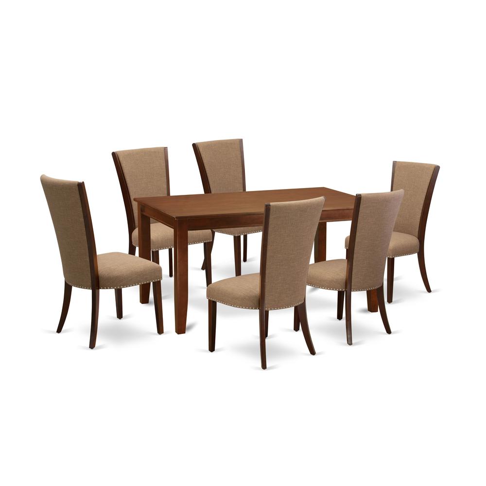 East-West Furniture DUVE7-MAH-47 - A dining room table set of 6 wonderful dining room chairs with Linen Fabric Light Sable color and a gorgeous dinner table in Mahogany Finish. Picture 1