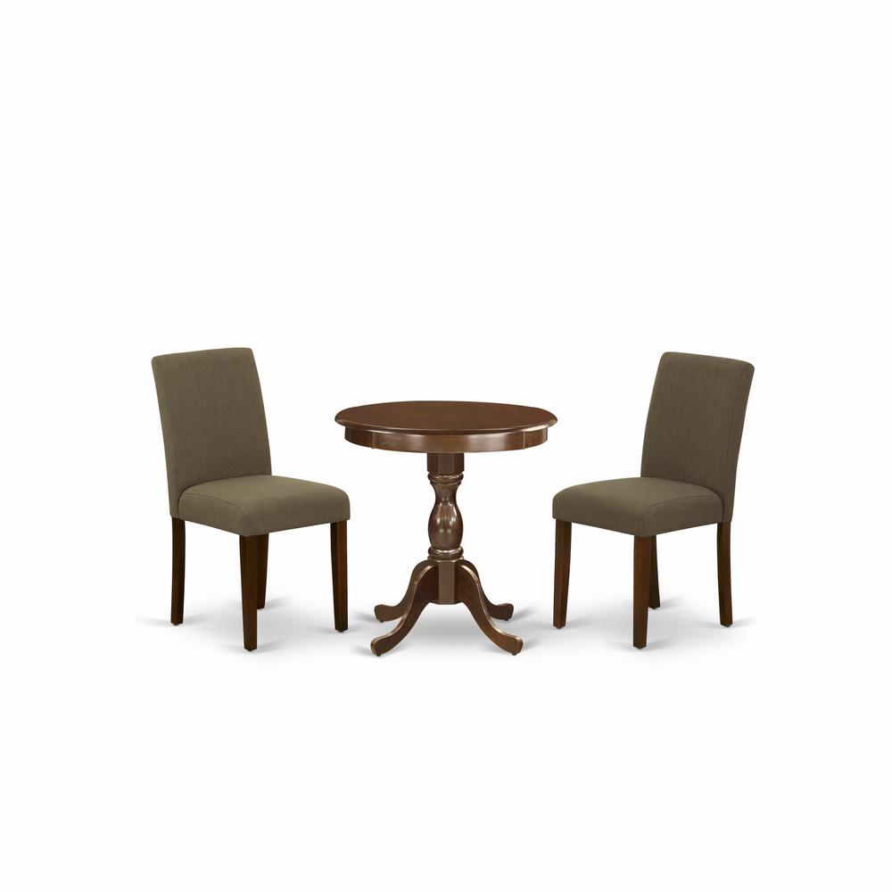 East West Furniture - ESAB3-MAH-18 - 3-Pc Dinette Set - 2 Upholstered Dining Chairs and 1 Dining Table (Mahogany Finish). Picture 1