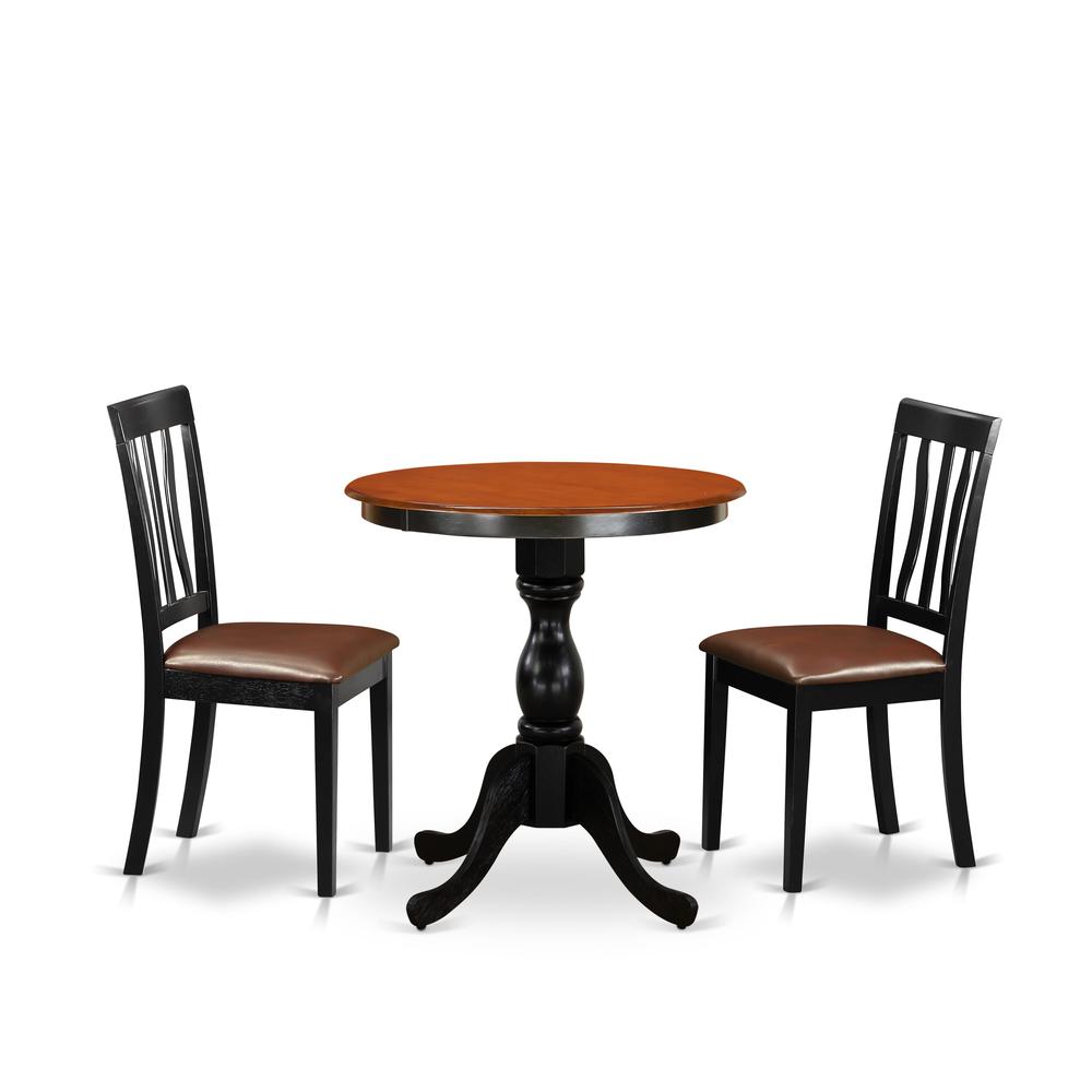 East West Furniture 3-Piece Dining Room Table Set Include a Dining Table and 2 Faux Leather Dining Chairs with Slatted Back - Black Finish. Picture 2