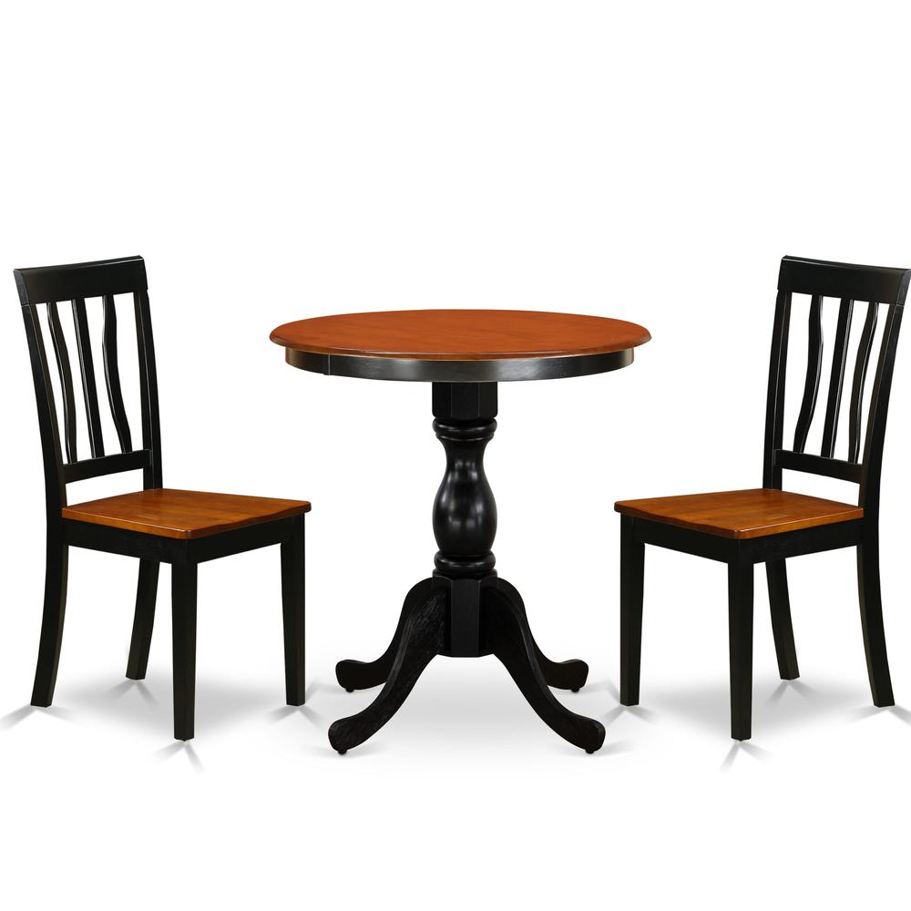 East West Furniture 3-Piece Kitchen Table Set Contains a Wooden Table and 2 Kitchen Chairs with Slatted Back - Black Finish. Picture 2