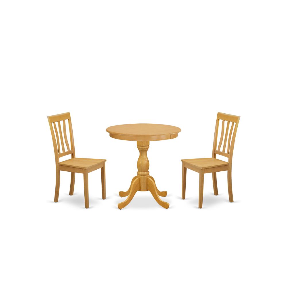 East West Furniture - ESAN3-OAK-W - 3-Pc Modern Dining Room Set - 2 Dining Room Chairs and 1 Dining Room Table (Oak Finish). Picture 1
