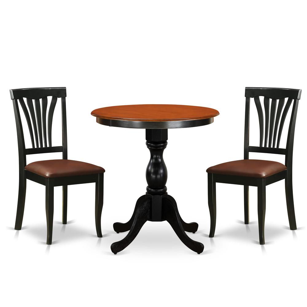 East West Furniture 3-Piece Dining Set Contains a Dinning Table and 2 Faux Leather Dining Chairs with Slatted Back- Black Finish. Picture 2