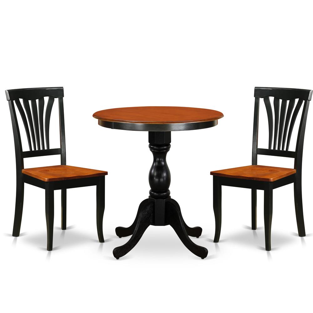 East West Furniture 3-Piece Dining Table Set Include a Modern Dining Table and 2 Dining Chairs with Slatted Back - Black Finish. Picture 2