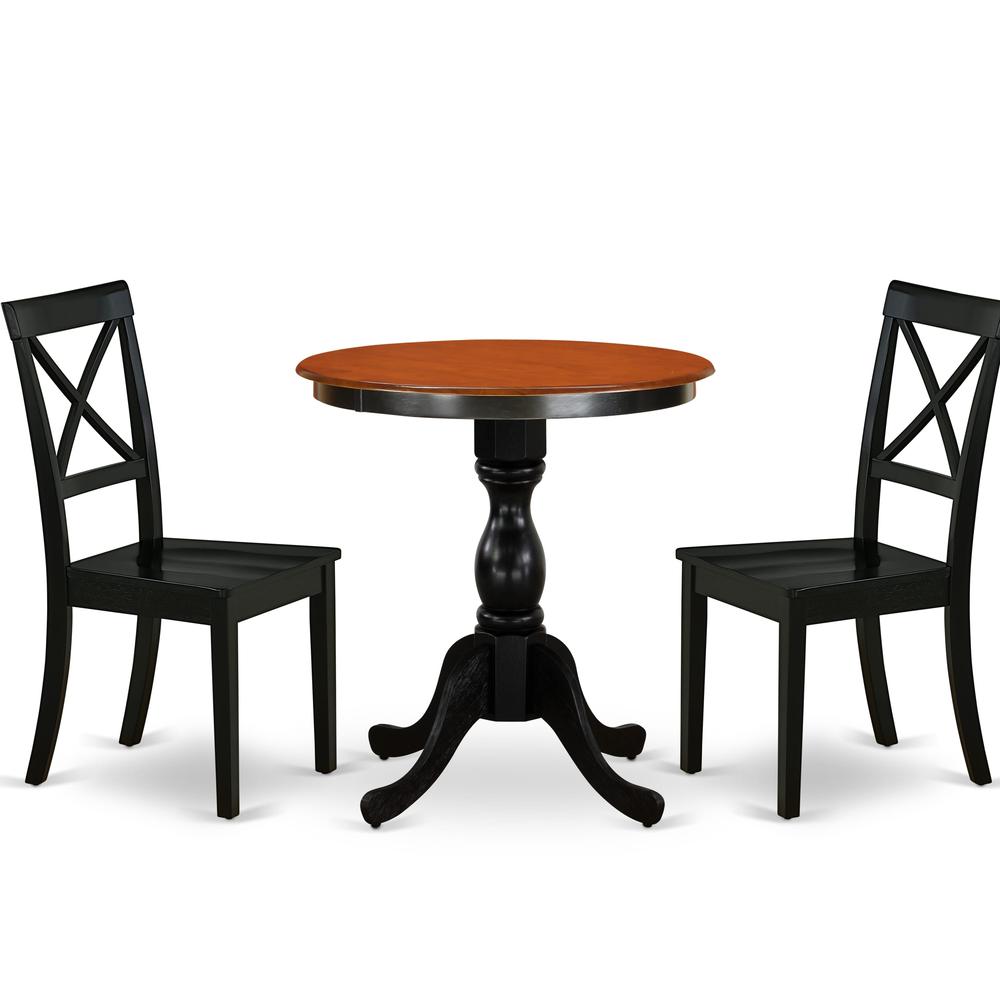 East West Furniture 3-Piece Modern Dining Set Contains a Dining Table and 2 Wooden Chairs with X back - Black Finish. Picture 1