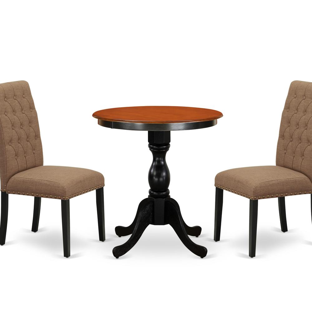East West Furniture 3-Piece Mid Century Dining Set Include a Dining Table and 2 Light Sable Linen Fabric Padded Chairs with Button Tufted Back - Black Finish. Picture 2