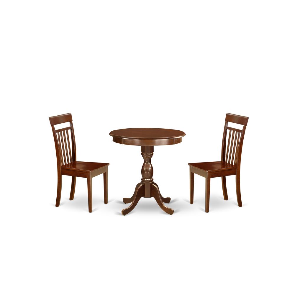 East West Furniture - ESCA3-MAH-W - 3-Pc Modern Dining Table Set - 2 Kitchen Chairs and 1 Dining Room Table (Mahogany Finish). Picture 1