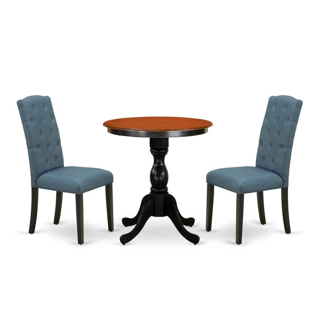 East West Furniture 3-Piece Dining Room Table Set Consist of Dining Table and 2 Blue Linen Fabric Upholstered Chairs with Button Tufted Back - Black Finish. Picture 2