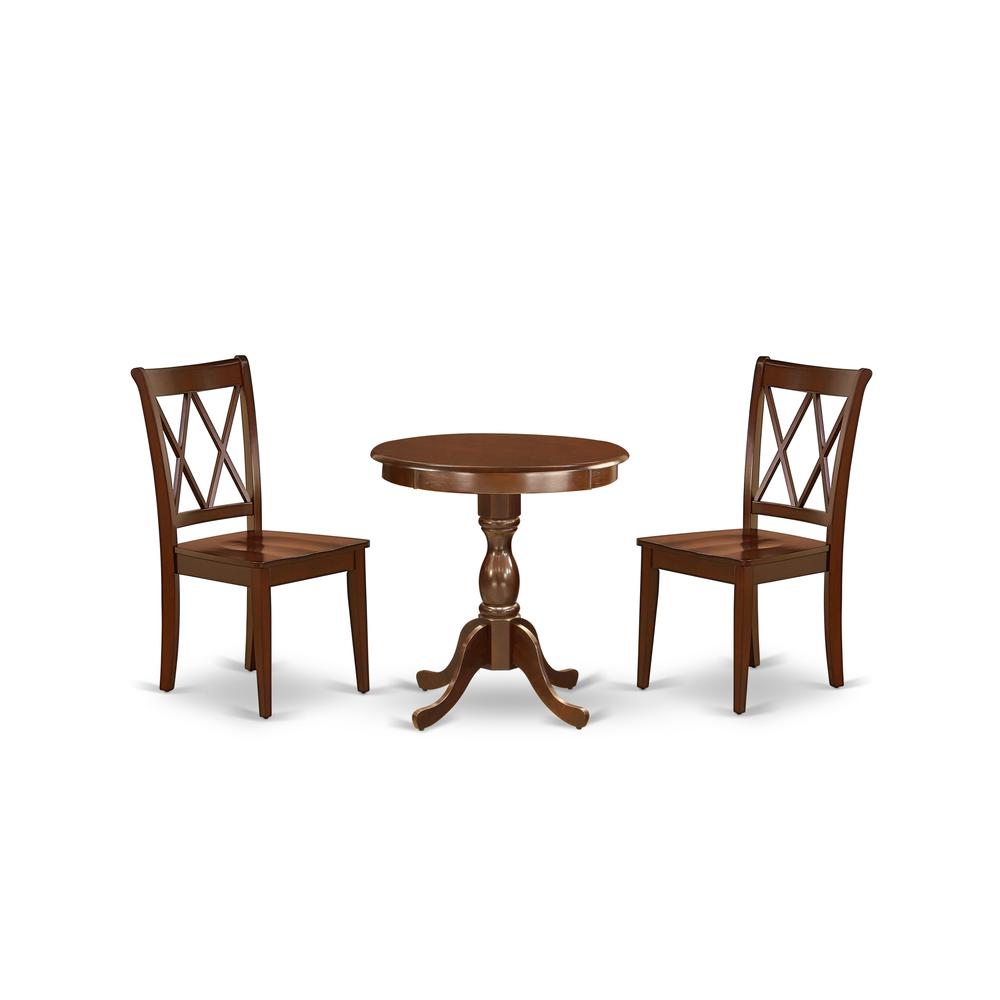 East West Furniture - ESCL3-MAH-C - 3-Pc Dining Room Table Set - 2 Mid Century Cushion Seat Chairs - 1 Dining Room Table (Mahogany Finish). Picture 1