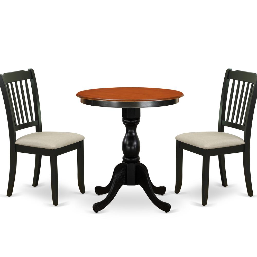 East West Furniture 3-Piece Dining Table Set Include a Wood Table and 2 Linen Fabric Kitchen Chairs with Ladder Back - Black Finish. Picture 2