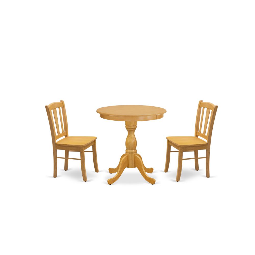 East West Furniture - ESDL3-OAK-W - 3-Pc Dining Room Table Set - 2 Kitchen Dining Chairs and 1 Kitchen Table (Oak Finish). Picture 1