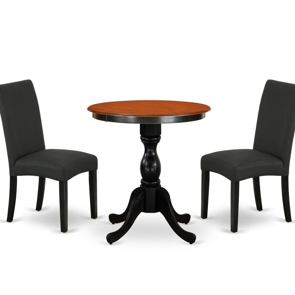 East West Furniture 3-Piece Dinner Table Set Consist of Wood Dining Table and 2 Black Linen Fabric Parson Chairs with High Back - Black Finish. Picture 2