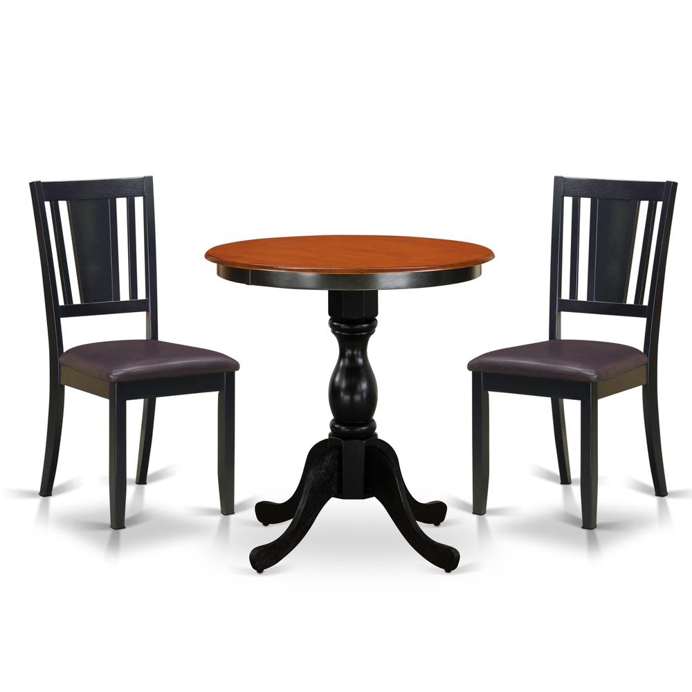 East West Furniture 3-Piece Kitchen Table Set Include a Dining Table and 2 Faux Leather Dinner Chairs with Slatted Back - Black Finish. Picture 2