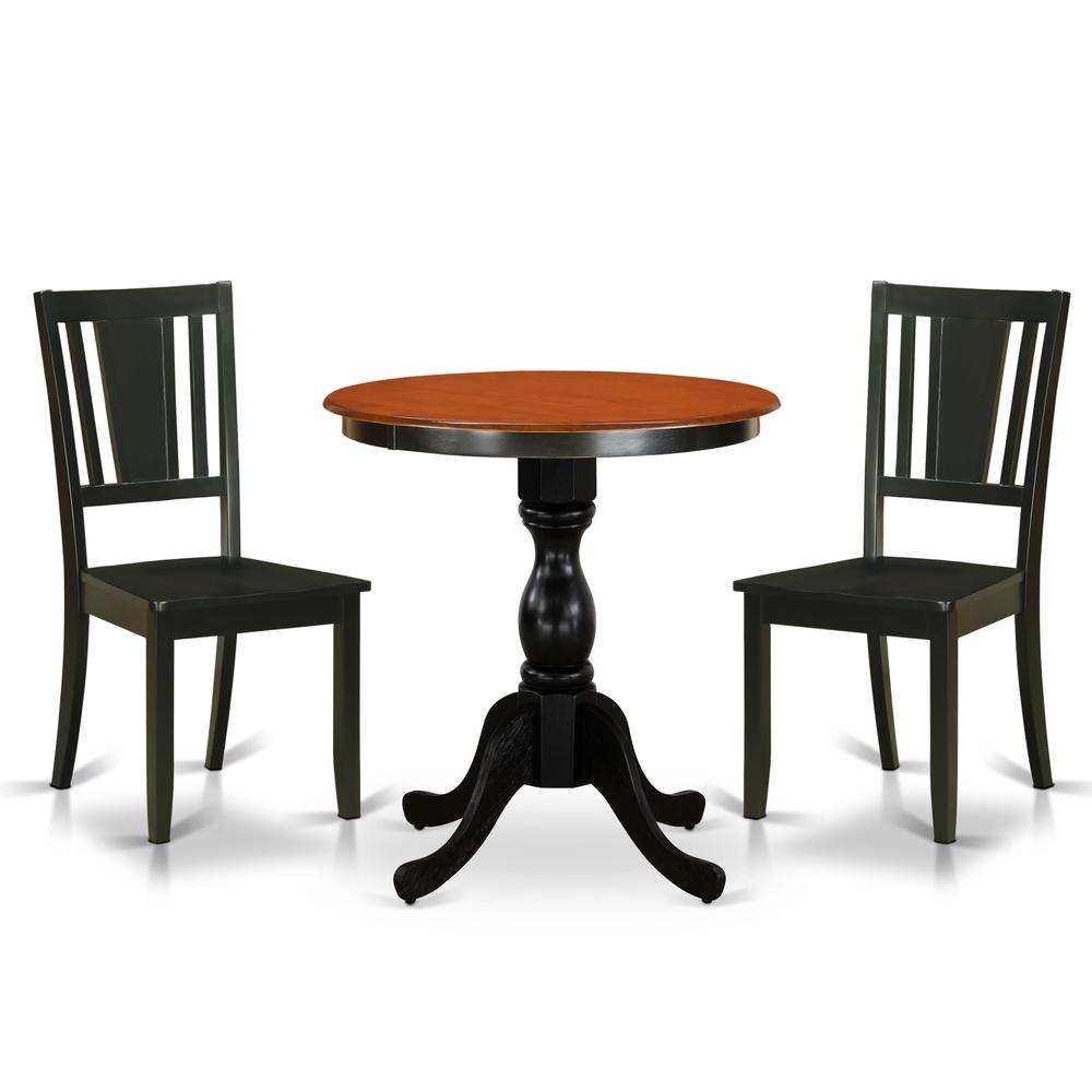 East West Furniture 3-Piece Mid Century Modern Dining Set Include a Wood Table and 2 Dining Chairs with Slatted Back - Black Finish. Picture 2