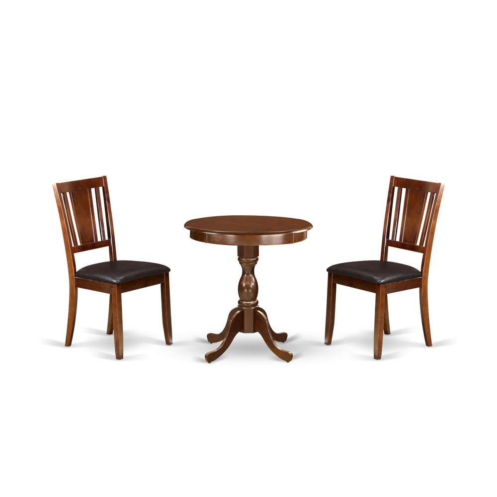 East West Furniture - ESDU3-MAH-LC - 3-Pc Modern Dining Room Set - 2 Kitchen Dining Chairs and 1 Dining Room Table (Mahogany Finish). Picture 1