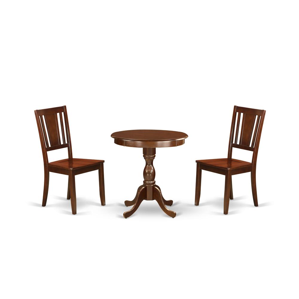 East West Furniture - ESDU3-MAH-W - 3-Pc Dining Table Set - 2 Dining Room Chairs and 1 Kitchen Dining Table (Mahogany Finish). Picture 1