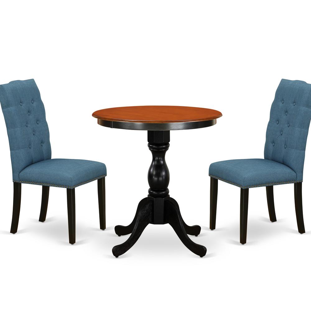 East West Furniture 3-Piece Dining Room Set Include a Round Table and 2 Blue Linen Fabric Parson Chairs with Button Tufted Back - Black Finish. Picture 2