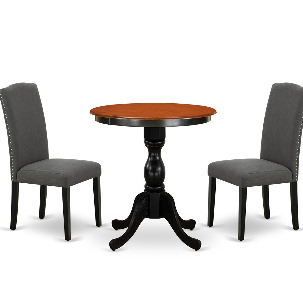 East West Furniture 3-Piece Modern Dining Set Consist of Dining Table and 2 Dark Gotham Grey Linen Fabric Parson Chairs with High Stylish Back - Black Finish. Picture 2