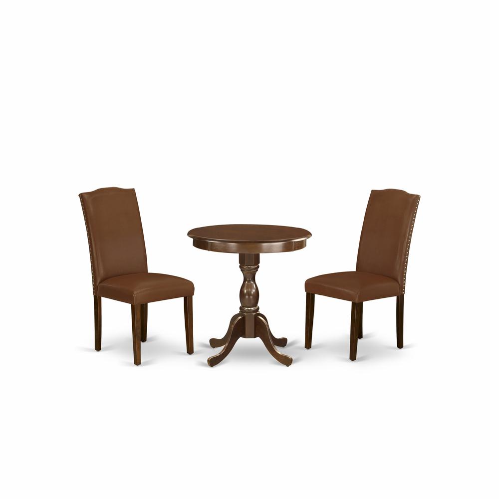 East West Furniture - ESEN3-MAH-66 - 3-Pc Dinette Room Set - 2 Upholstered Dining Chairs and 1 Kitchen Dining Table (Mahogany Finish). Picture 1