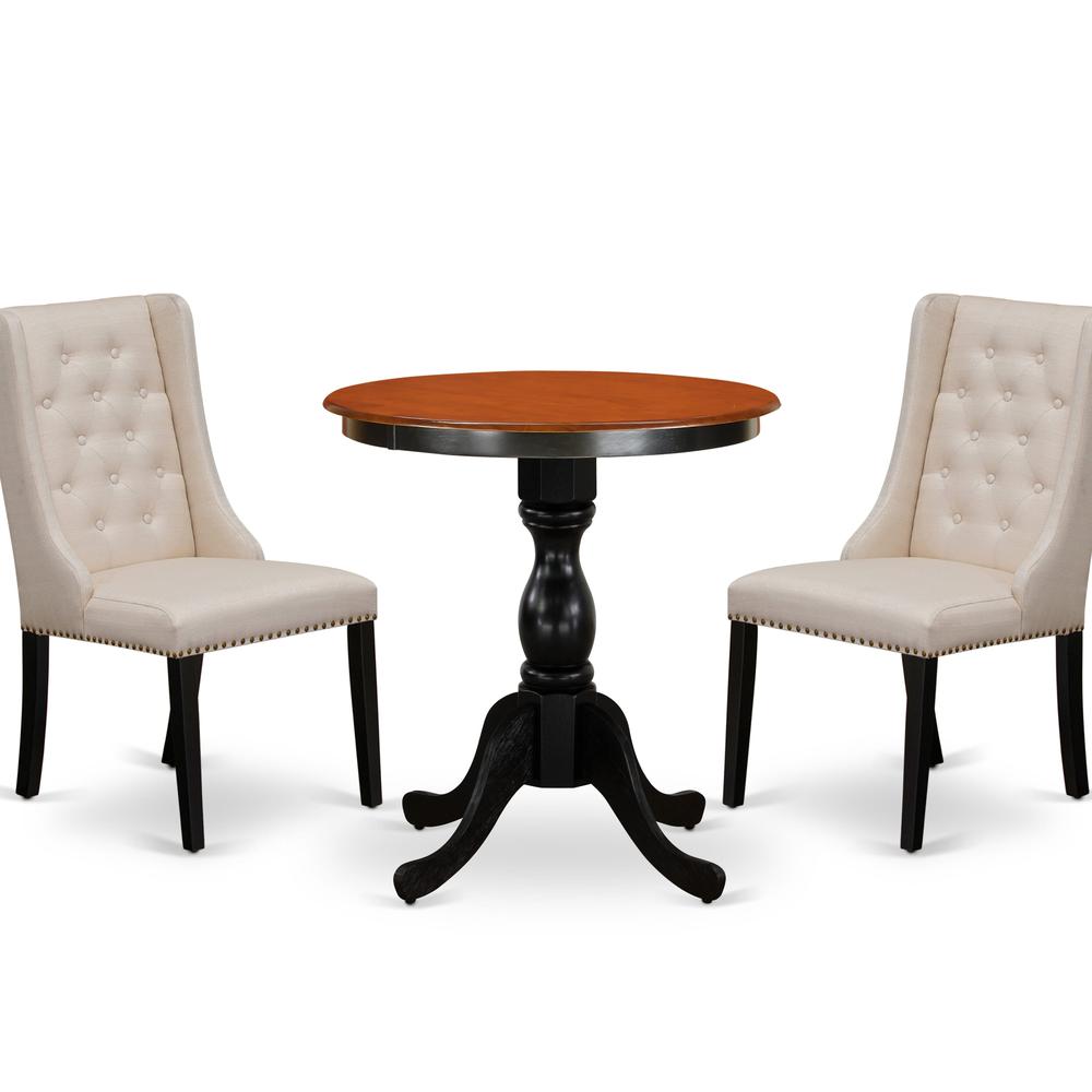 East West Furniture 3-Piece Mid Century Dining Set Consist of Dining Table and 2 Cream Linen Fabric Parson Chairs with Button Tufted Back - Black Finish. Picture 2