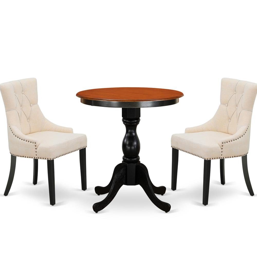East West Furniture 3-Piece Kitchen Dining Table Set Include a Mid Century Dining Table and 2 Light Beige Linen Fabric Dining Chairs with Button Tufted Back - Black Finish. Picture 2