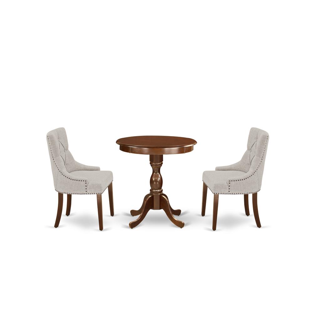 East West Furniture - ESFR3-MAH-05 - 3-Pc Dinette Table Set - 2 Dining Room Chairs and 1 Kitchen Dining Table (Mahogany Finish). The main picture.
