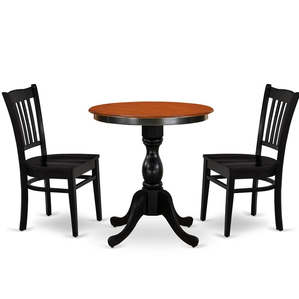 East West Furniture 3-Piece Dinner Table Set Consist of Mid Century Table and 2 Wooden Chairs with Slatted Back - Black Finish. Picture 1